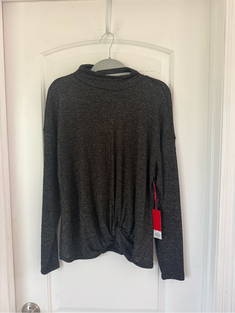Jennifer Lopez Black Heather Twist-Front Long Sleeve Top, mock neck, large